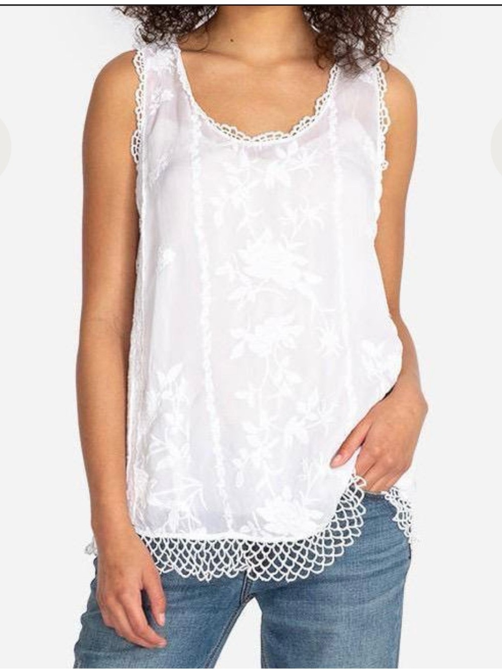 Johnny Was White Embroidered Lace-Trim Sleeveless Camisole
